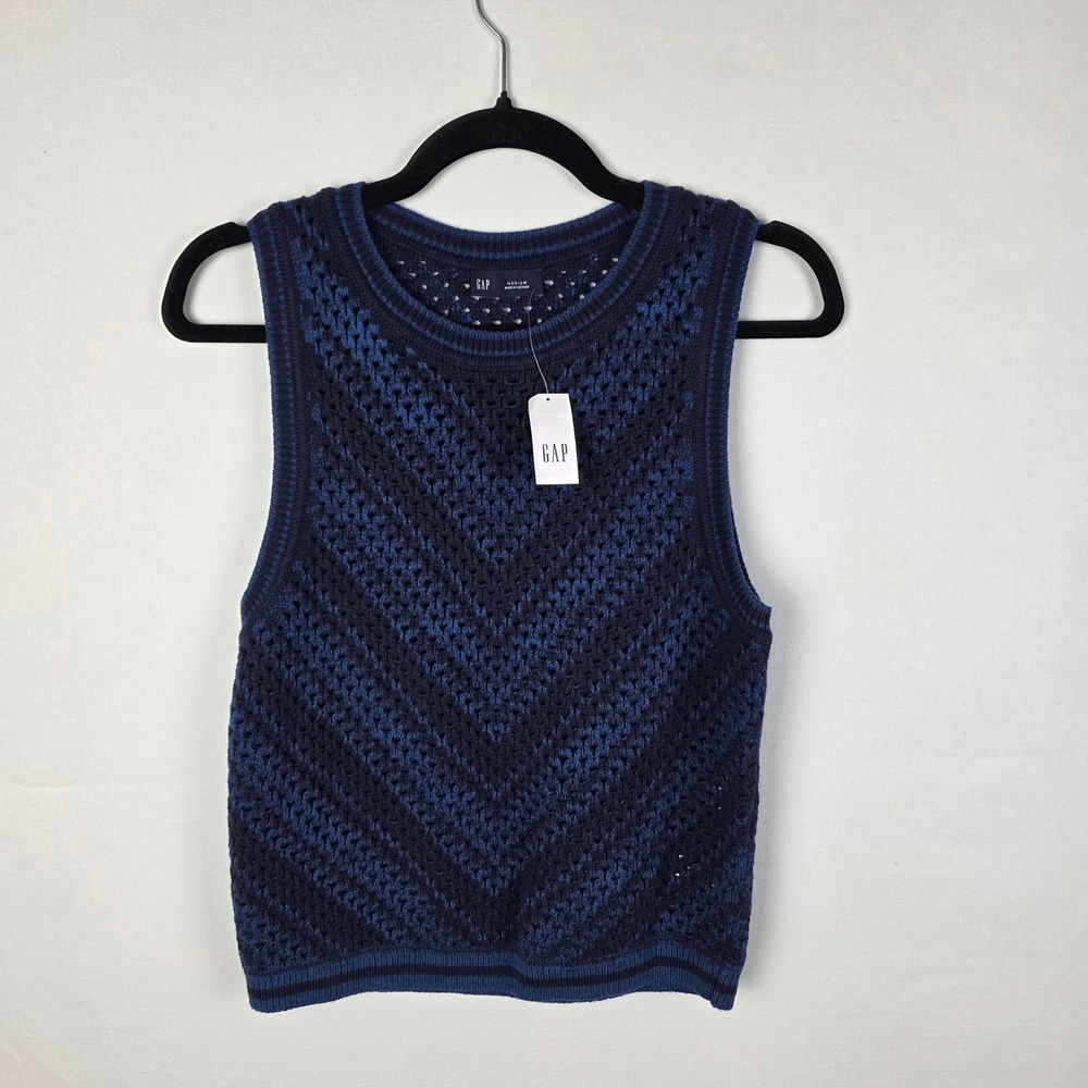 Gap Womens Navy Blue Chevron Crochet Knit Cotton Sleeveless Sweater Vest M NWT